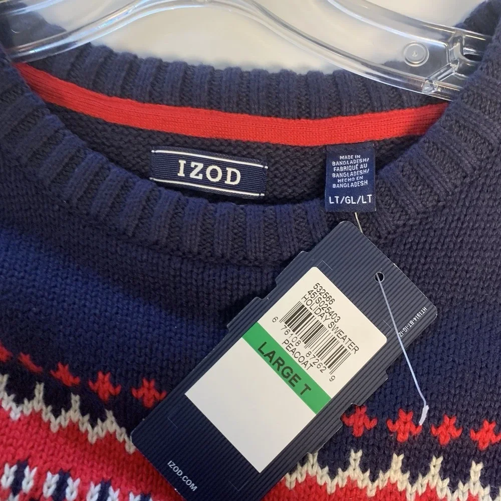 Izod Sweater Mens Large Tall Peacoat‎ Holiday Fair Isle Nordic Preppy Classic LT